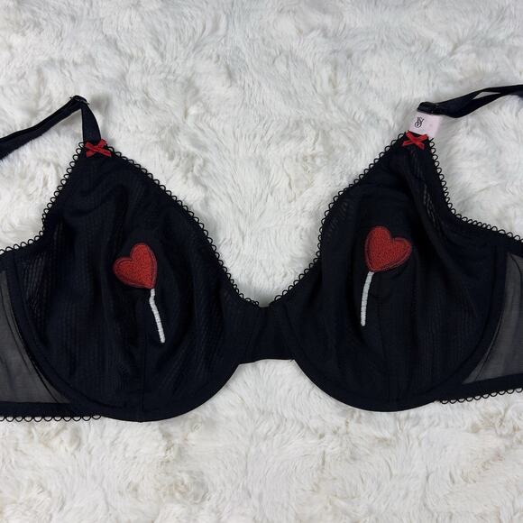 Victoria’s Secret Unlined Underwire Demi Bra Black Mesh Heart Lollipop S.36C NWT - Picture 3 of 7